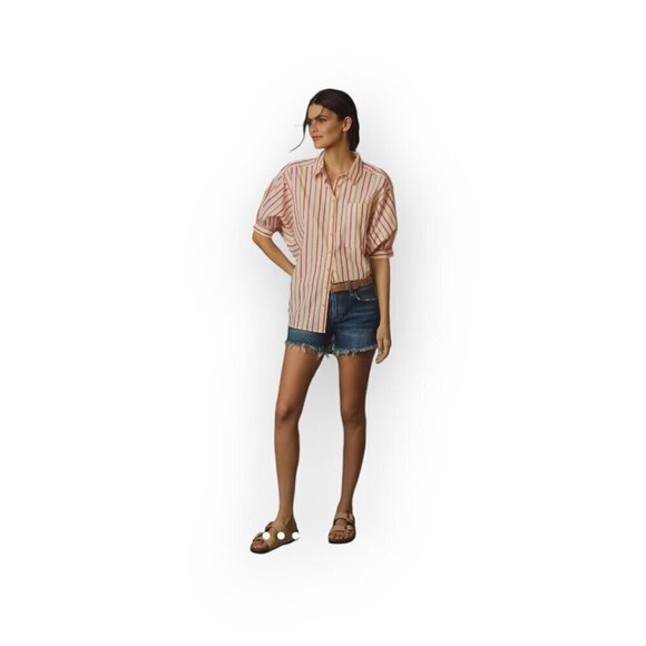 Anthropologie Pilcro red white pink oversized striped buttondown shirt size S - Picture 2 of 13